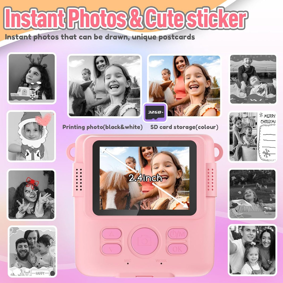 Instant Print Camera for Kids, Christmas Birthday Gifts Girls Boys Age 3-12, HD Digital Video
