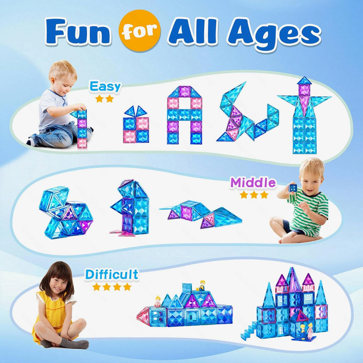 102PCS Ice Castle Magnetic Tiles, 3D Building Blocks STEM Educational Kids Toys for Pretend Play, 3