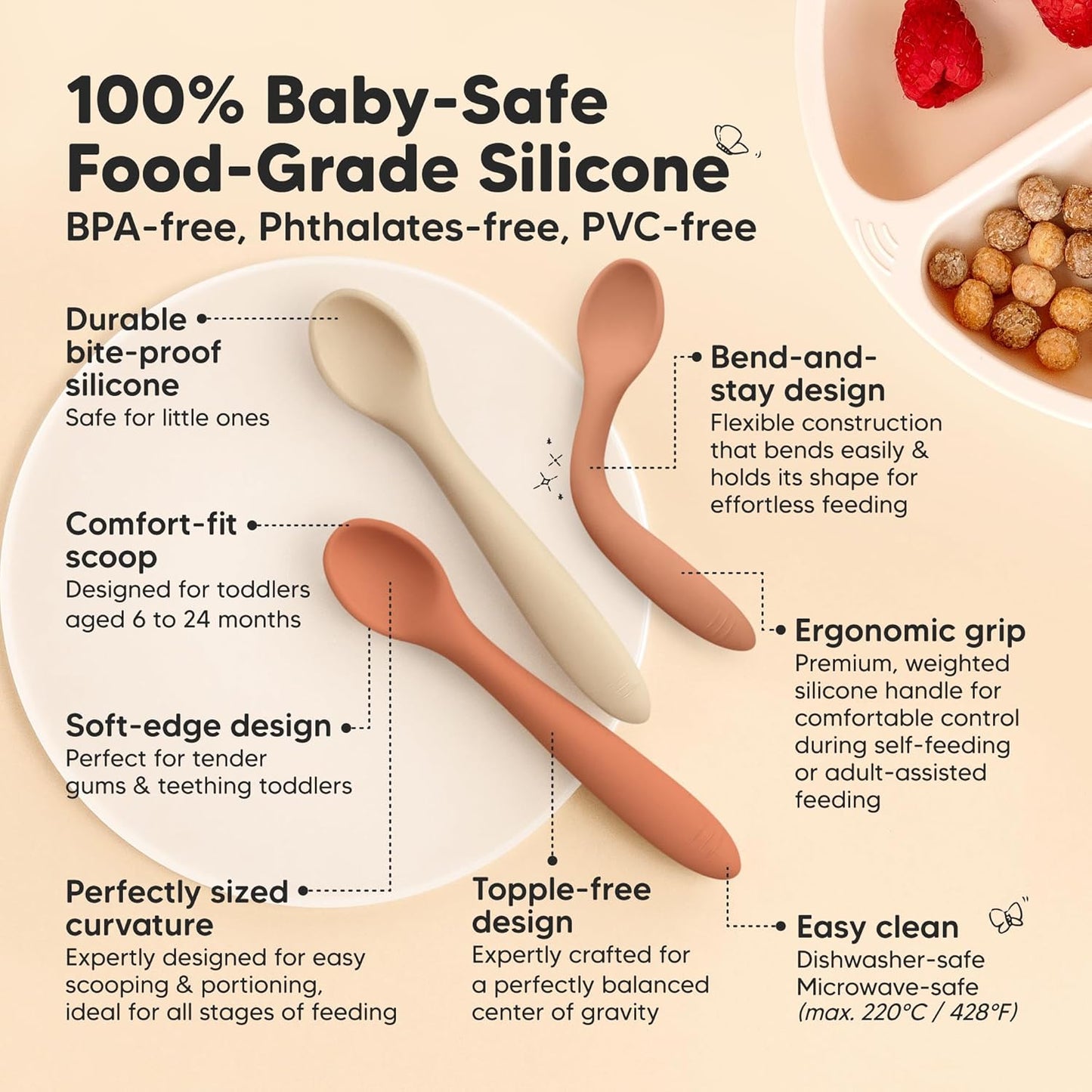 KeaBabies Silicone Baby Spoons, Self Feeding 6-12 months - 3-Pack Baby Weaning Eating