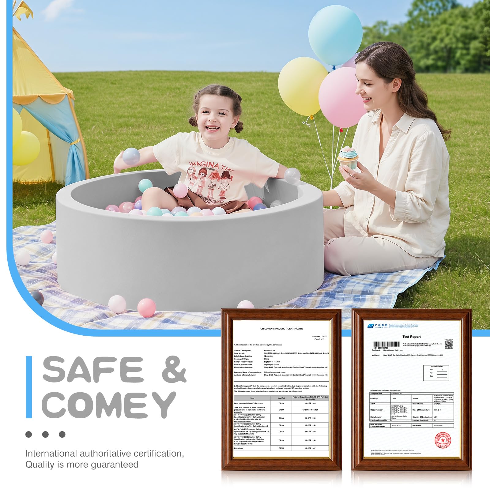 SHJADE Foam Ball Pit, 35.4"x 11.8" Ball Pits for Toddlers-Grey