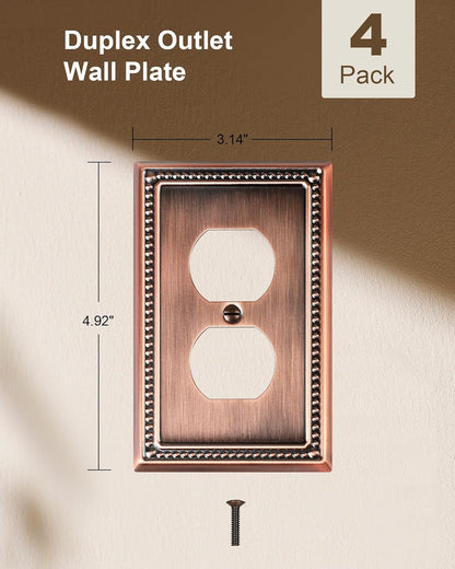 4-Pack Duplex Outlet Cover Plate, Antique Copper Metal Wall Plates for Electrical Outlets, 1 Gang