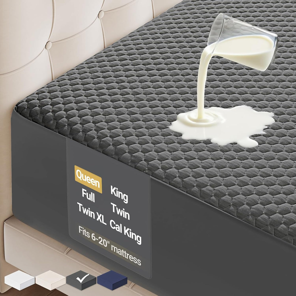 OhGeni 100% Waterproof Mattress Protector, Queen-Gray Size Mattress Pad, Fits 6"-20" Mattresses