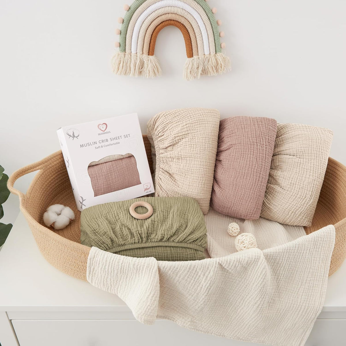 Bearmoss Muslin Mini Crib Sheets for Pack N Play Mattress - 100% Cotton - 38"x24" Soft Breathable