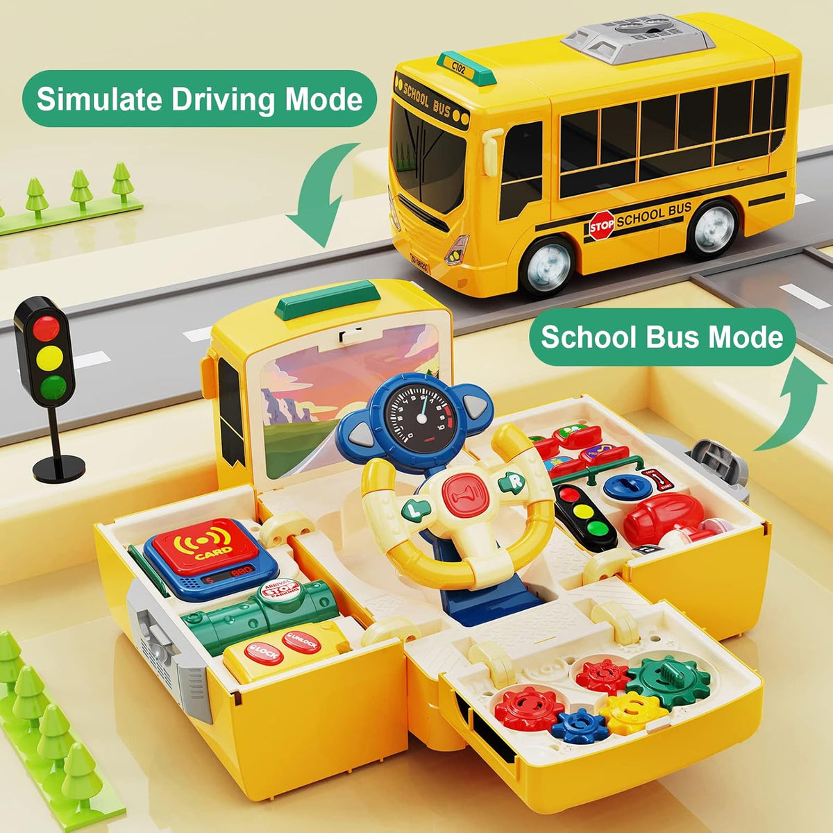 HONGTUO School Bus Toy with Sound and Light, Simulation Steering Wheel, Toddlers School Bus with