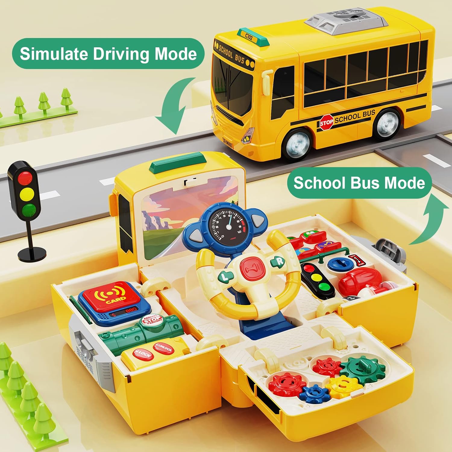HONGTUO School Bus Toy with Sound and Light, Simulation Steering Wheel, Toddlers School Bus with