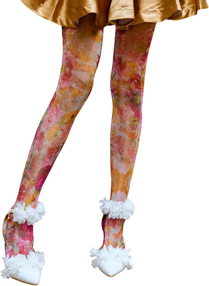 Sahabowi Women's Sheer Fashion Digital Print Fashions Stockings Metallic Silver Tights 1