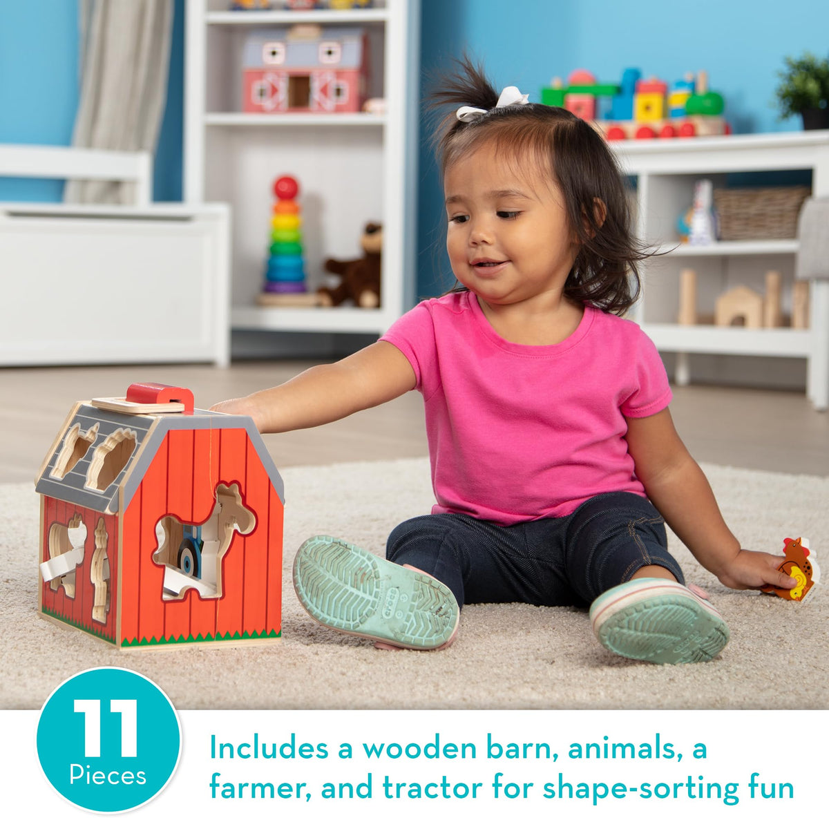 Melissa & Doug Take-Along Wooden Toy Barn, 11-Pc Portable Toddler Playset with Farm Animals &