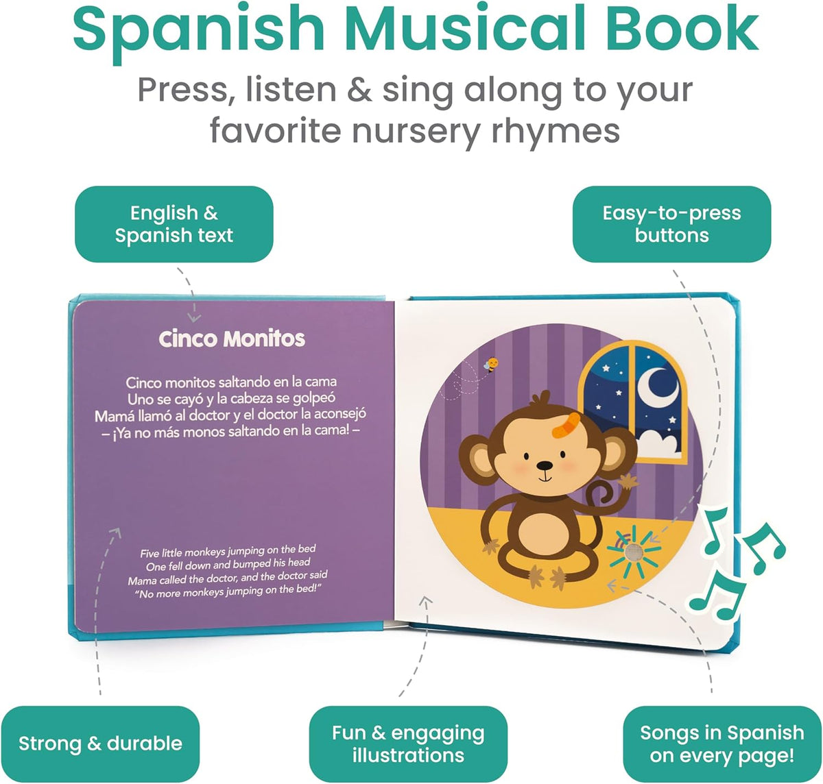Binibi Spanish Musical Book for Toddlers 1-3 Estrellita ¿Dónde Estás? & Other Nursery Rhymes |