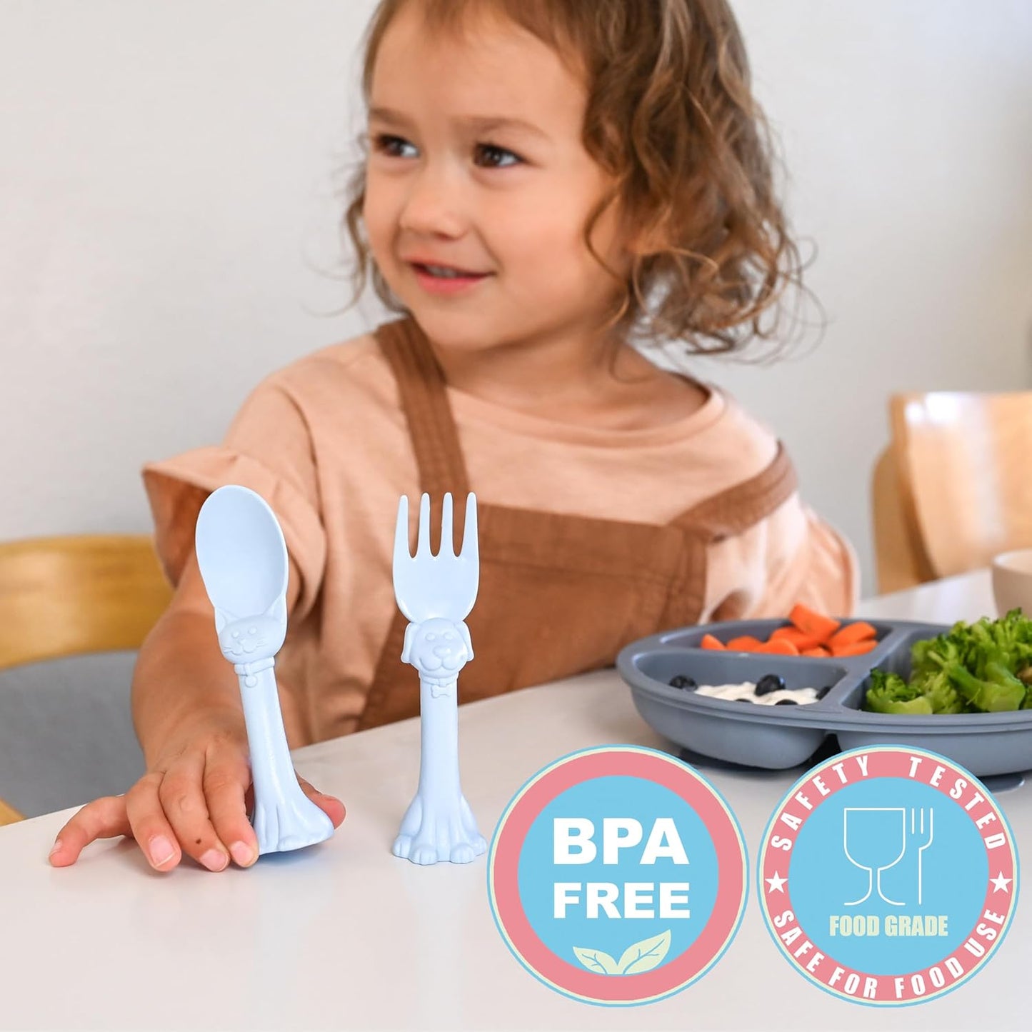 Made in USA Spoon la la Toddler Utensils Set - 2 Pack (1 Spoon & 1 Fork for Kids) - Self-Standing