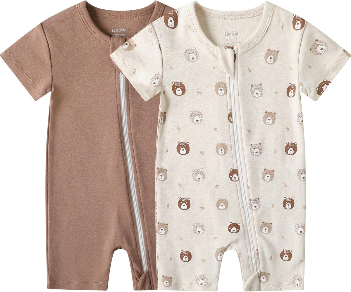 Owlivia Baby Short Sleeve Summer Romper Set, 2 Pack Tank Jumpsuit for Girls and Boys, Cartoon One