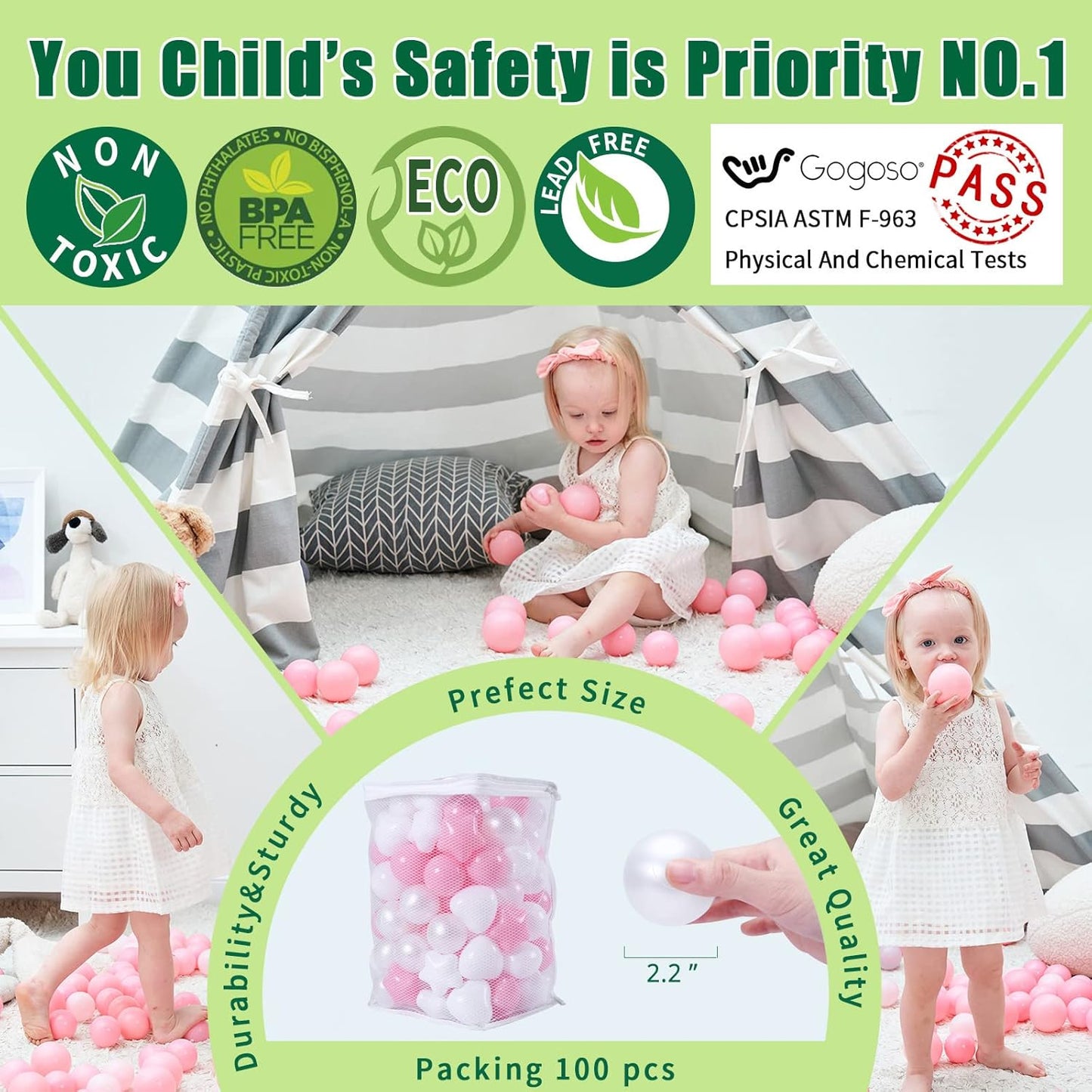GOGOSO Pink Ball Pit Balls with Star Bals Heart Balls 100 - Crushproof Plasticballs for Babies