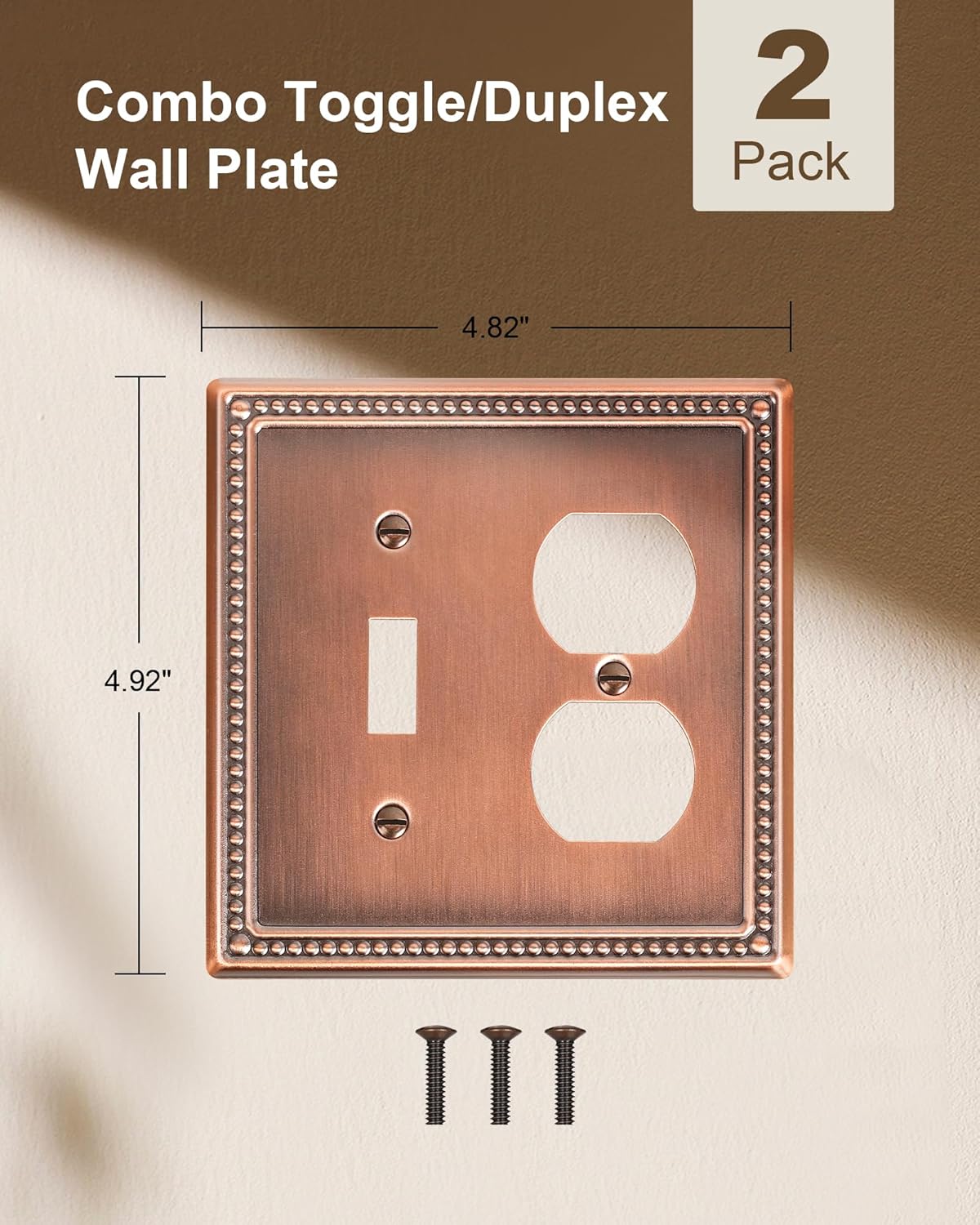 2-Pack Combo Toggle/Duplex Light Switch Cover Plate, Antique Copper Metal Wall Outlet Cover Plate
