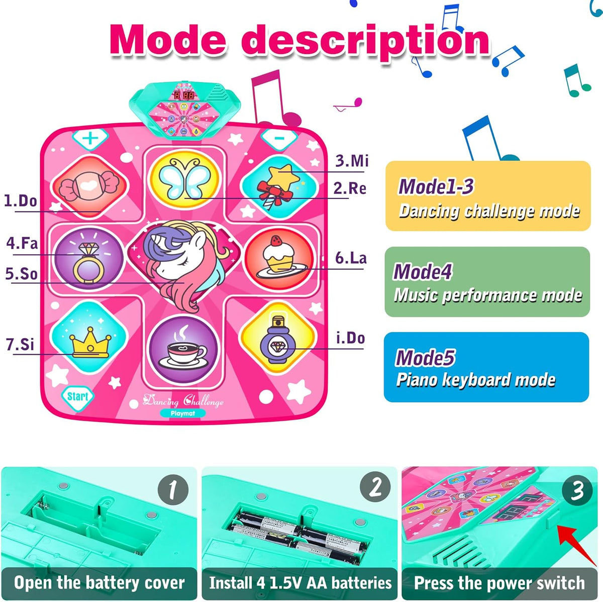 Unicorn Dance Mat, Dance Mixer Rhythm Step Play Mat, Pink Dance Pad with LED Lights, Adjustable