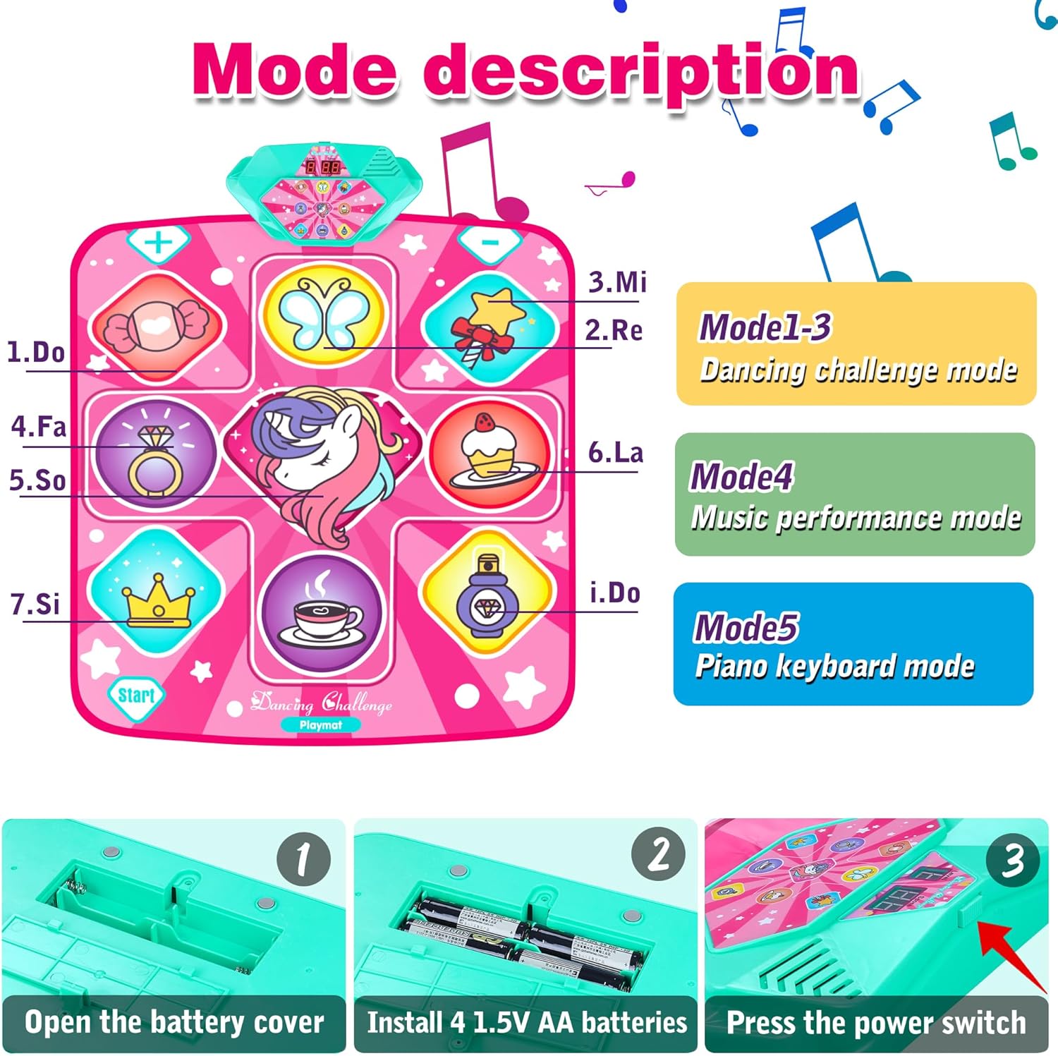 Unicorn Dance Mat, Dance Mixer Rhythm Step Play Mat, Pink Dance Pad with LED Lights, Adjustable