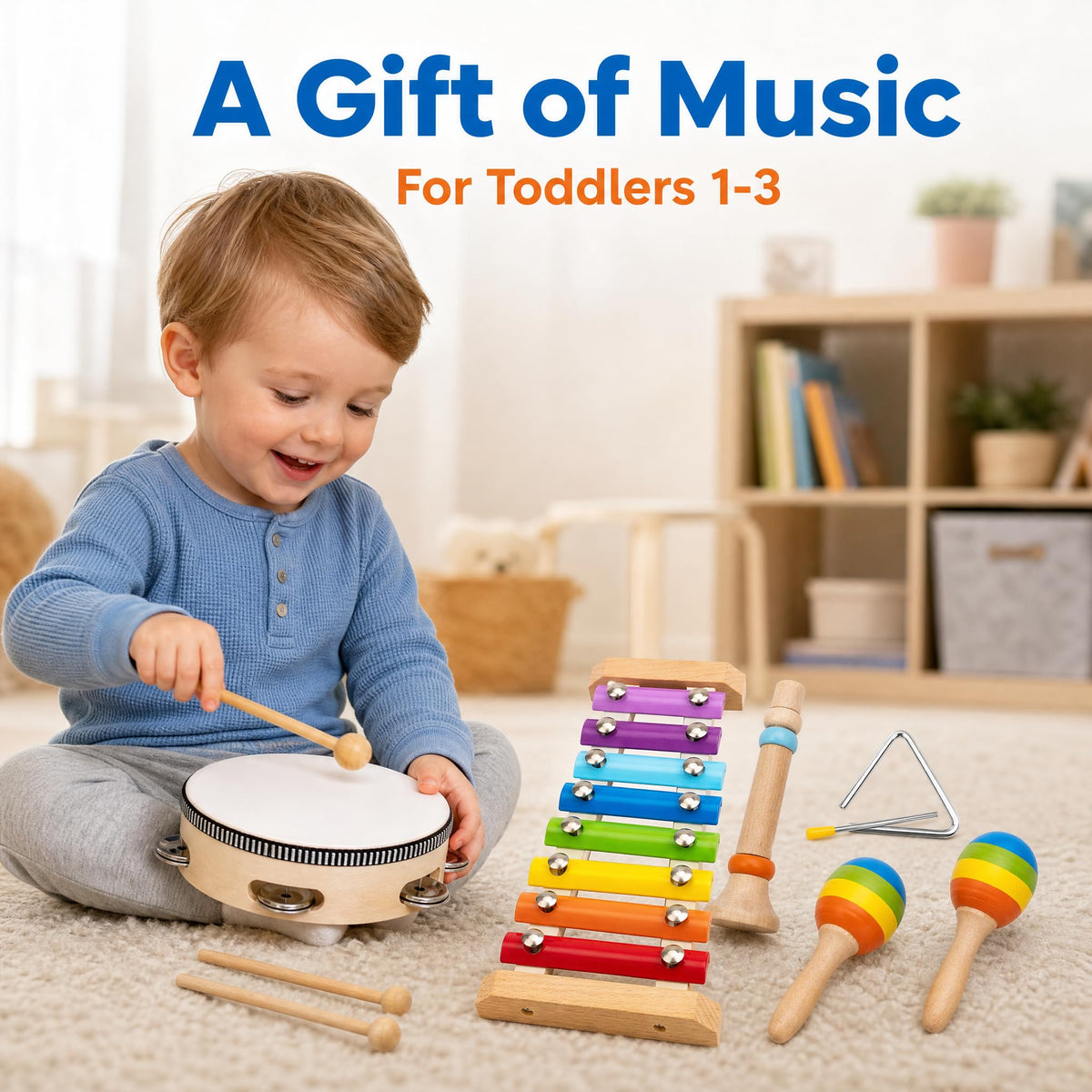 Montessori Wooden Musical Instruments for Toddlers, Educational Baby Drum Set with Xylophone &