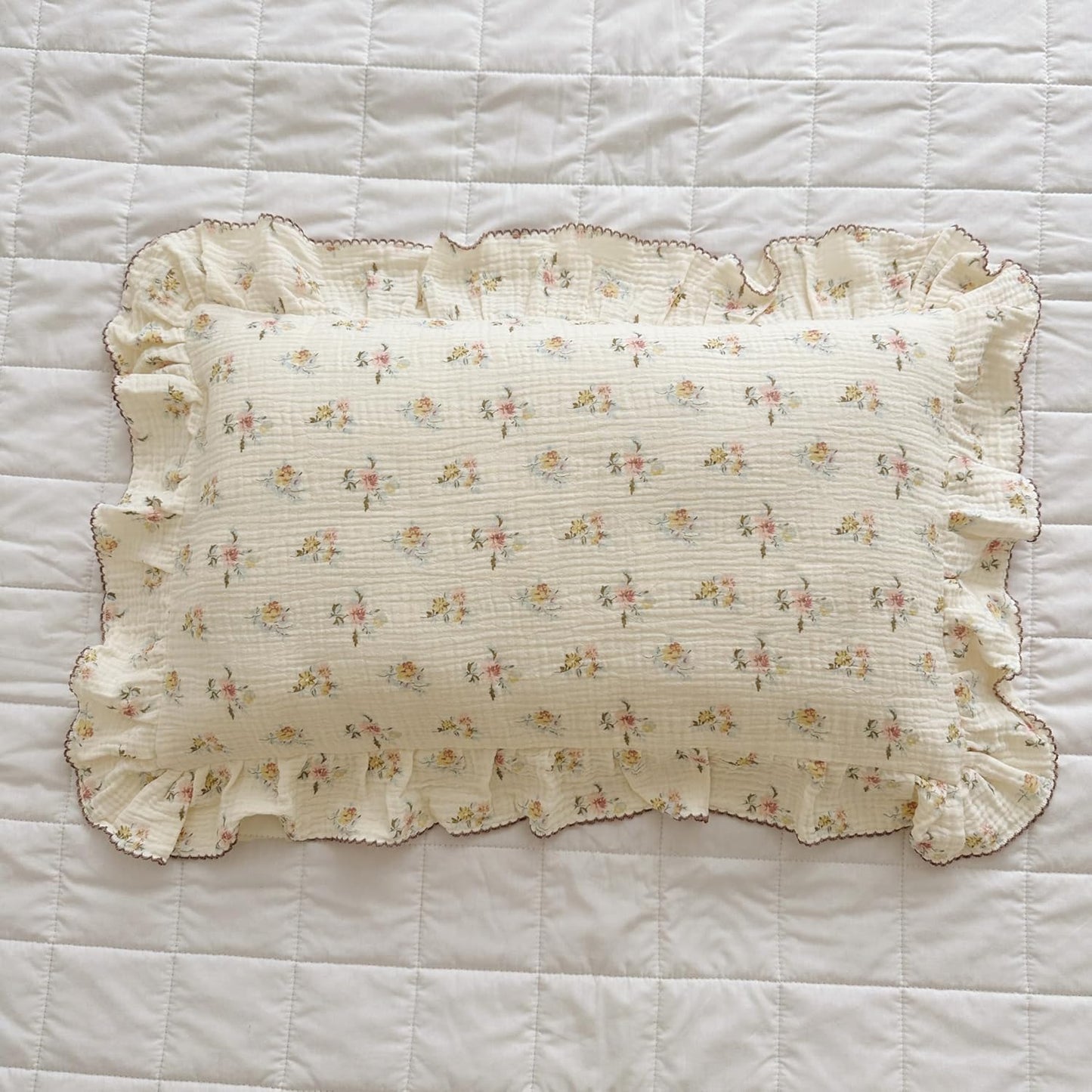 BuLuTu Double Layers Muslin Cotton Pillowcase King Size Vintage Floral Print Pillow Case Teens