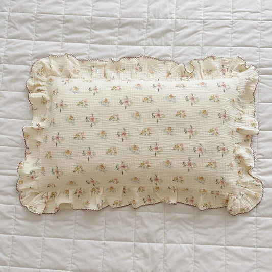 BuLuTu Double Layers Muslin Cotton Pillowcase King Size Vintage Floral Print Pillow Case Teens