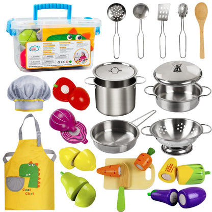 Sundaymot Play Kitchen Accessories, Wooden Play Food, Cooking Set with Stainless Steel Cookware