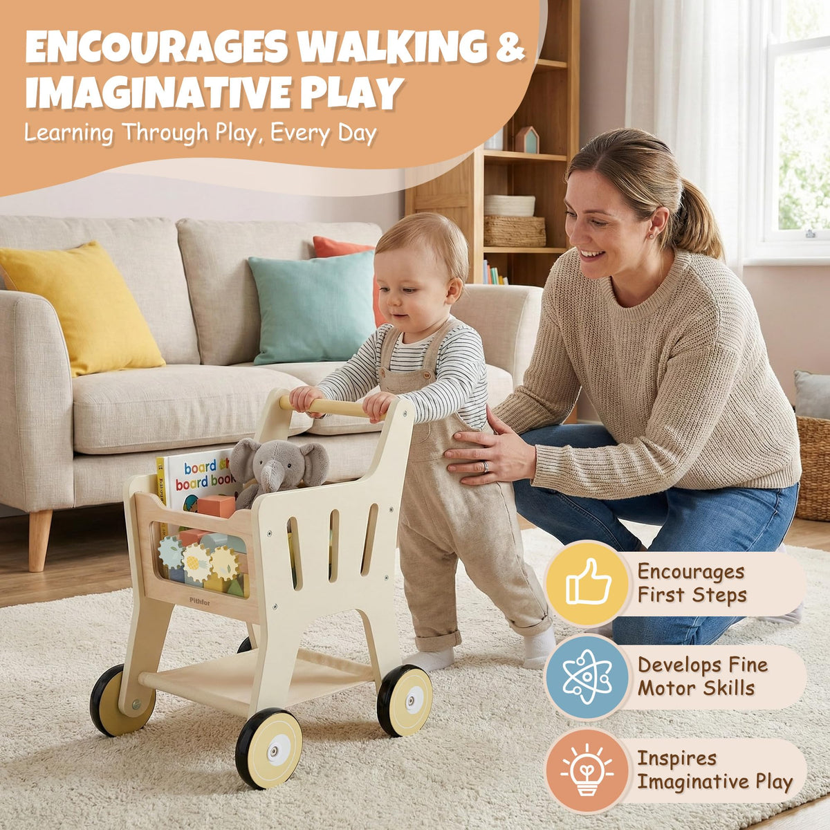 Pithfor Wooden Shopping Cart for Kids, 3 in 1 Wooden Baby Push Walker, Baby Doll Stroller, Toy