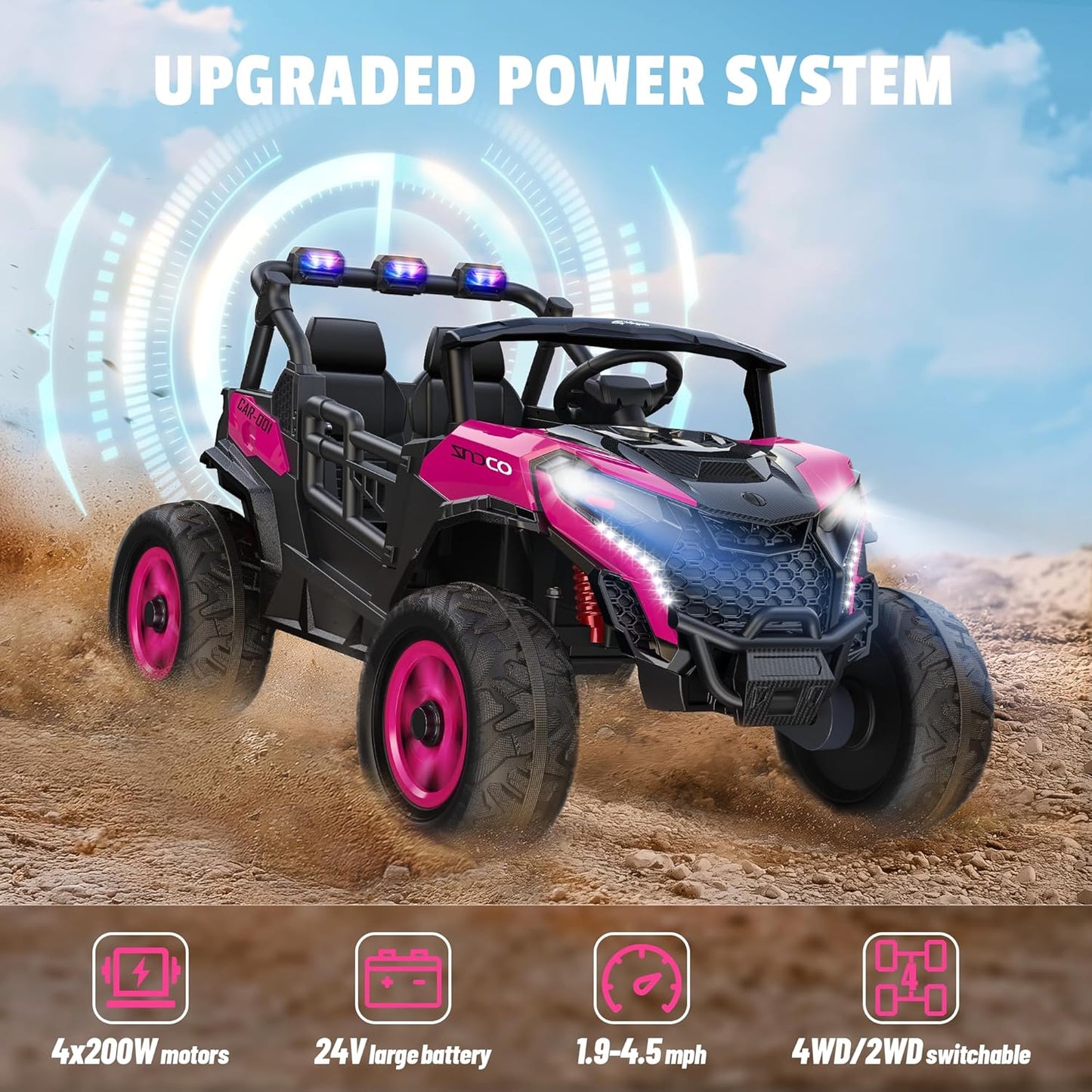 24V 2 Seater Ride on Car Truck, 4x200W, EVA Tires, 4WD/2WD, Rainbow Lights, Remote Control, Shock