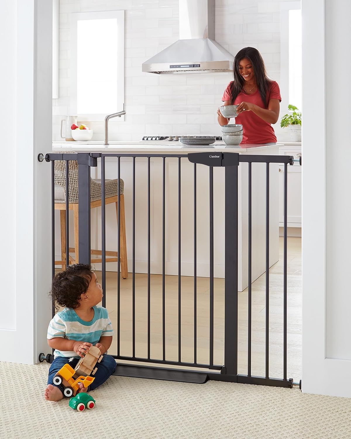 Cumbor 36" Extra Tall Baby Gate for Dogs and Kids with Wide 2-Way Door, 29.7"- 46" Width, and Auto