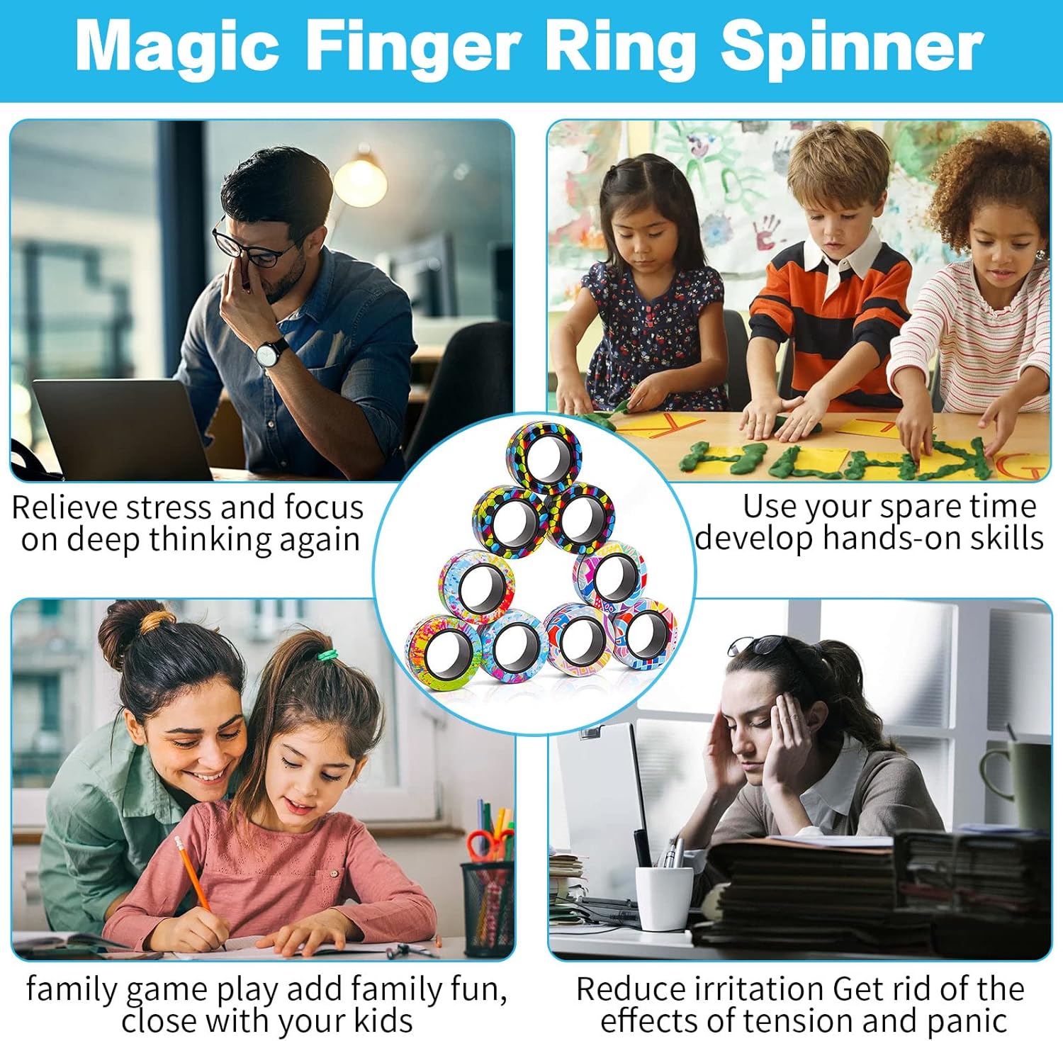 24Pcs Magnetic Rings Fidget Toys Spinner Set,Finger Magnet Rings Endless Hours of Fun ADHD Stress