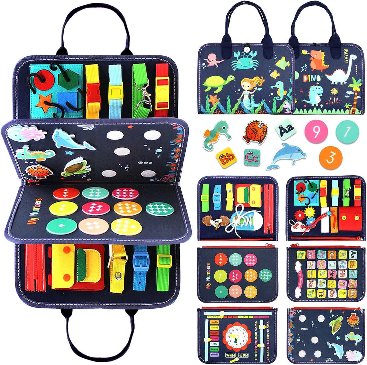 Qizfun Busy Board Montessori Toy for 1 2 3 4 Years Old, Educational Activity Sensory Board