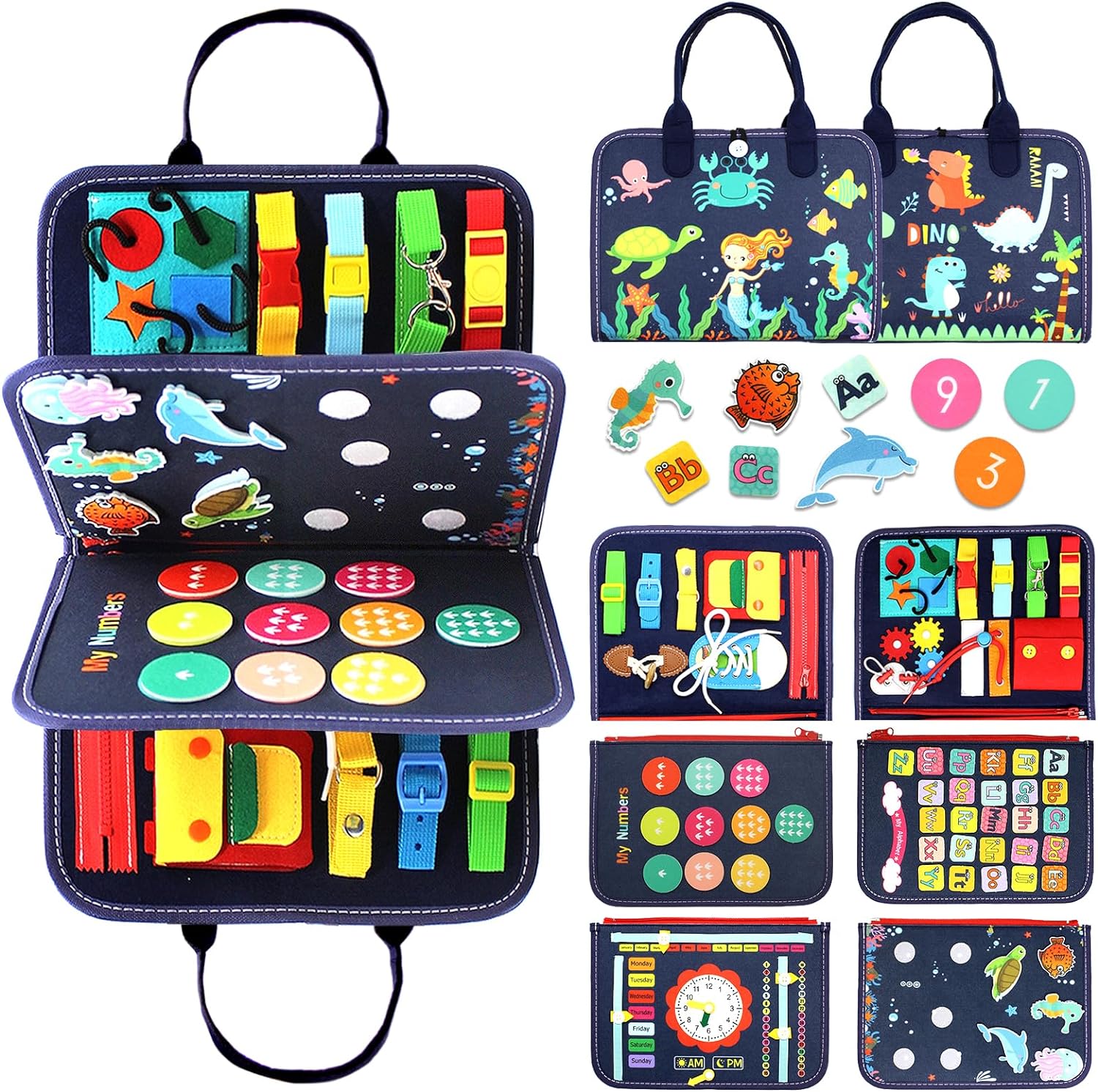 Qizfun Busy Board Montessori Toy for 1 2 3 4 Years Old, Educational Activity Sensory Board