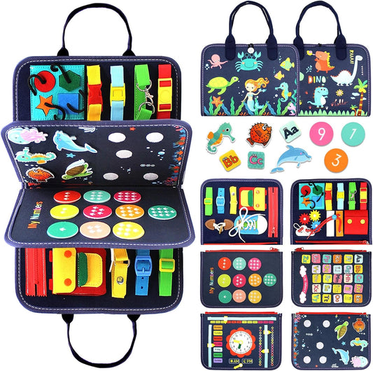 Qizfun Busy Board Montessori Toy for 1 2 3 4 Years Old, Educational Activity Sensory Board