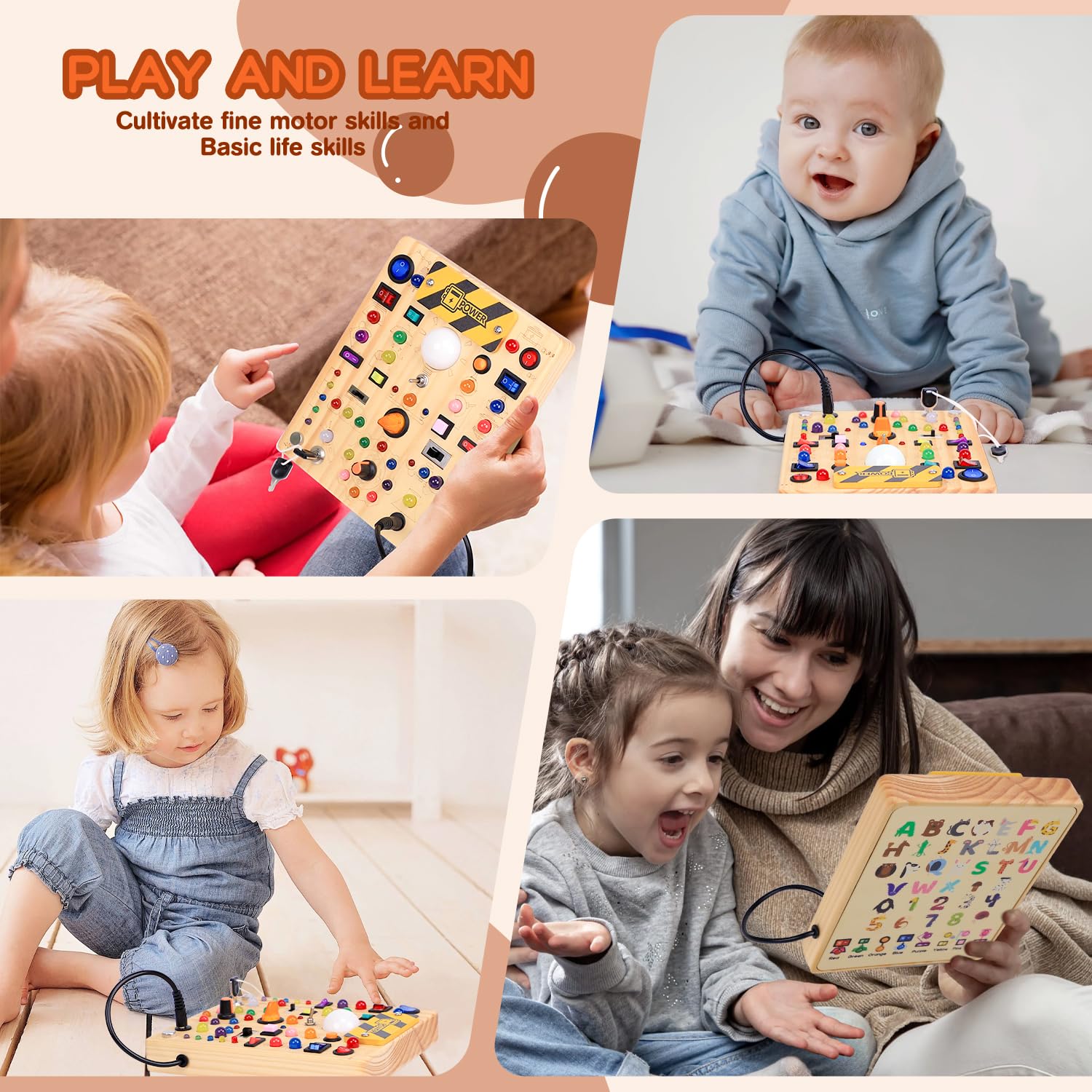 Busy Board with 19 LED Light Switches, Montessori Toys for 1 2 3 Years Old, Wooden Sensory Board