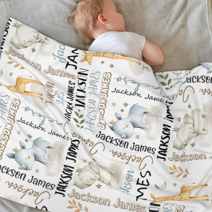 Personalized Safari Animal Swaddle Blanket - Custom Blanks for Boys, Name Blanket for Toddlers &