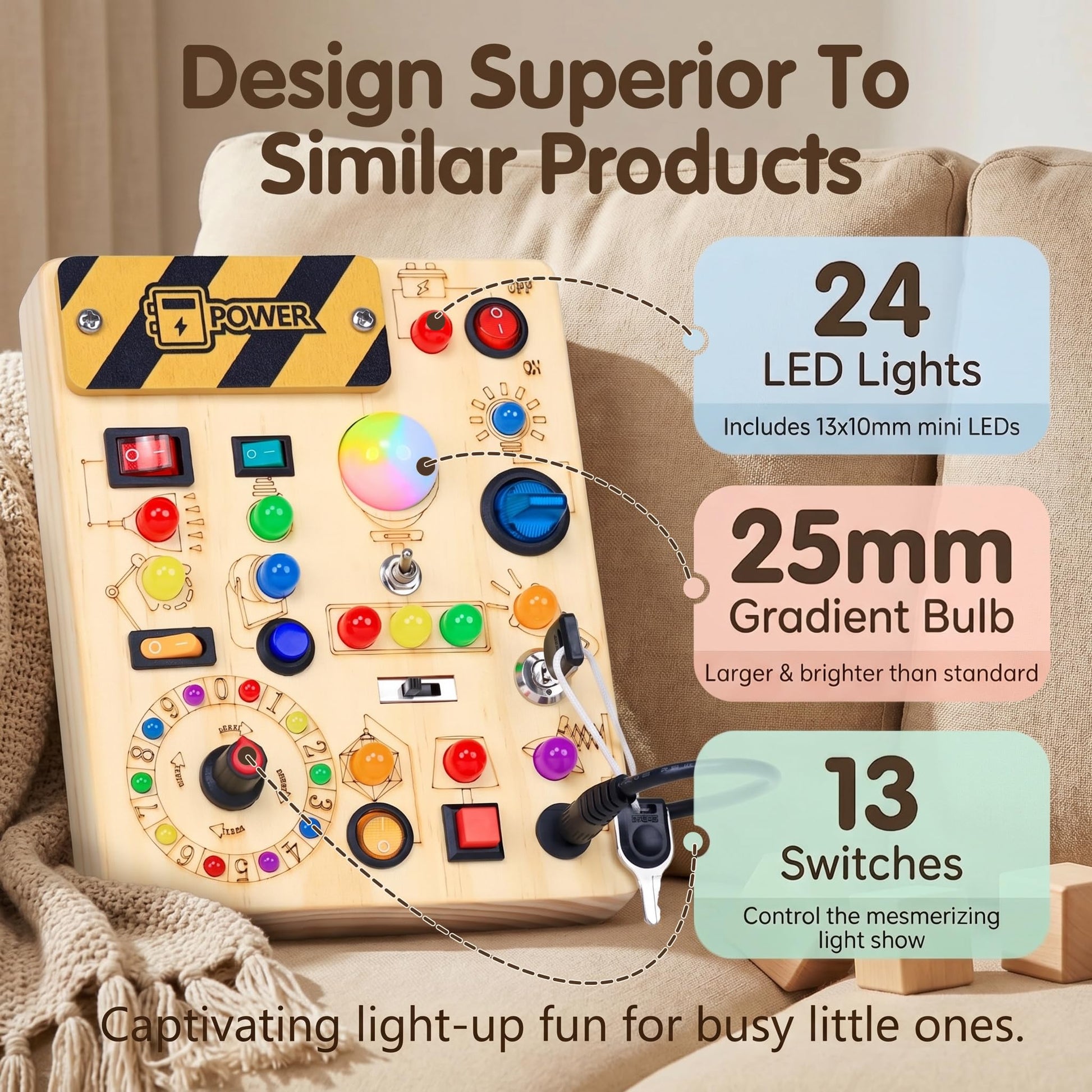 RichBoy Busy Boards, Lights Switch-Style, Wooden, 37-in-1, Medium