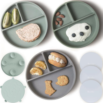 Moonkie Suction Plates for Baby | 100% Silicone BPA-Free Baby Plates with Lids and Food Cover |
