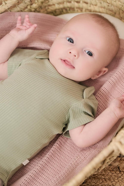 MORI Baby Ribbed Short Sleeve Bodysuit with Envelope Neck and Nickel Free Poppers - Unisex Toddler