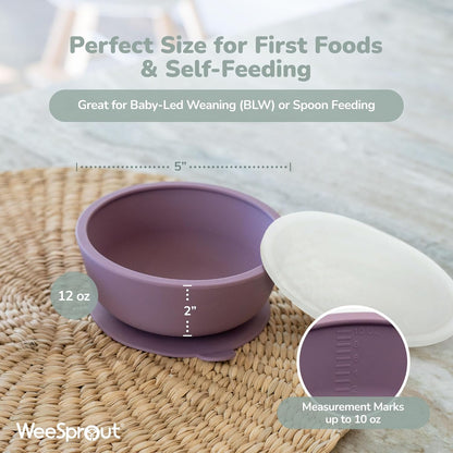 WeeSprout Suction Bowls for Baby & Toddlers (Set of 2) - 100% Silicone w/Plastic Lid - Leak Proof