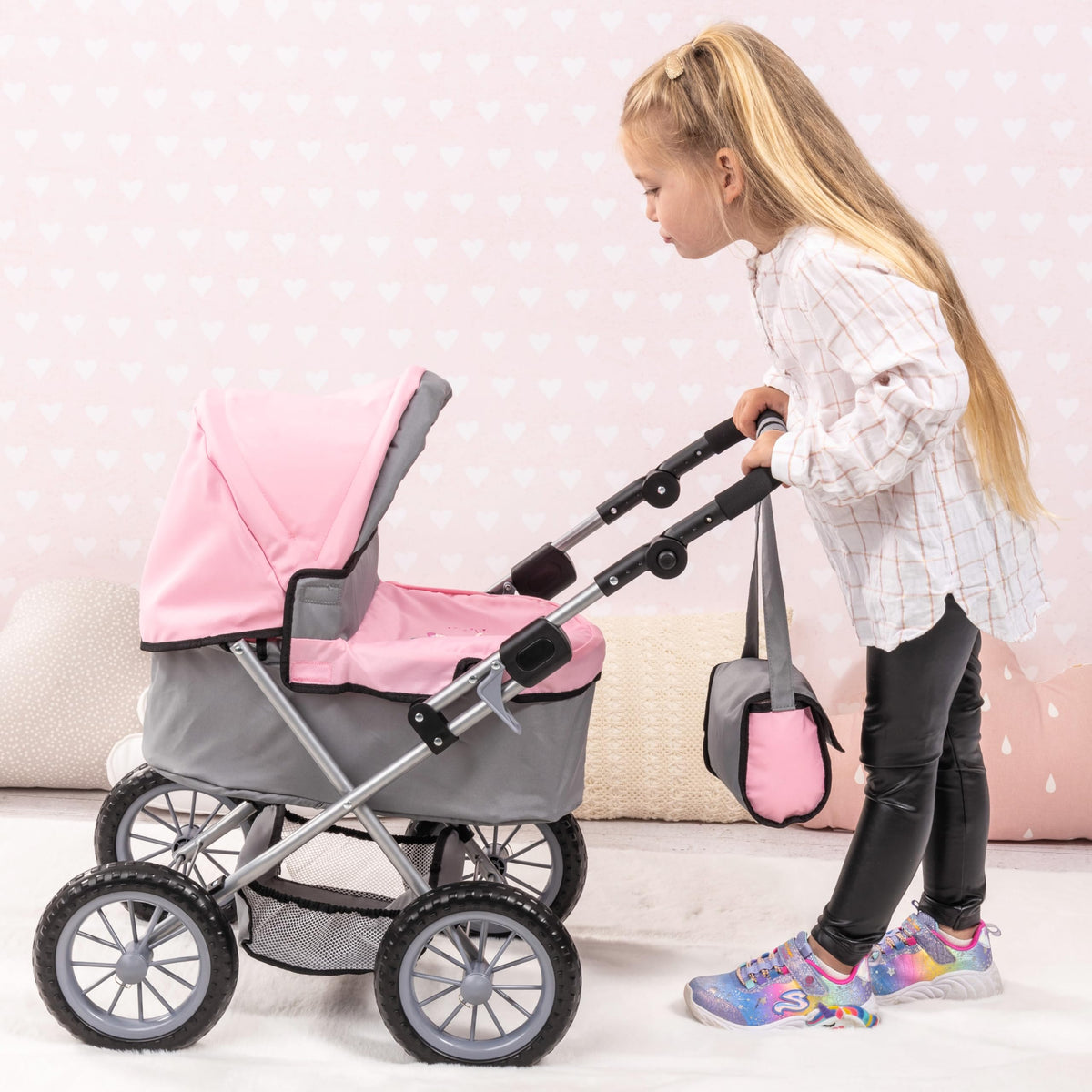 Bayer Design Baby Doll Stroller & Pram for Kids Ages 2-8, Grey/Pink