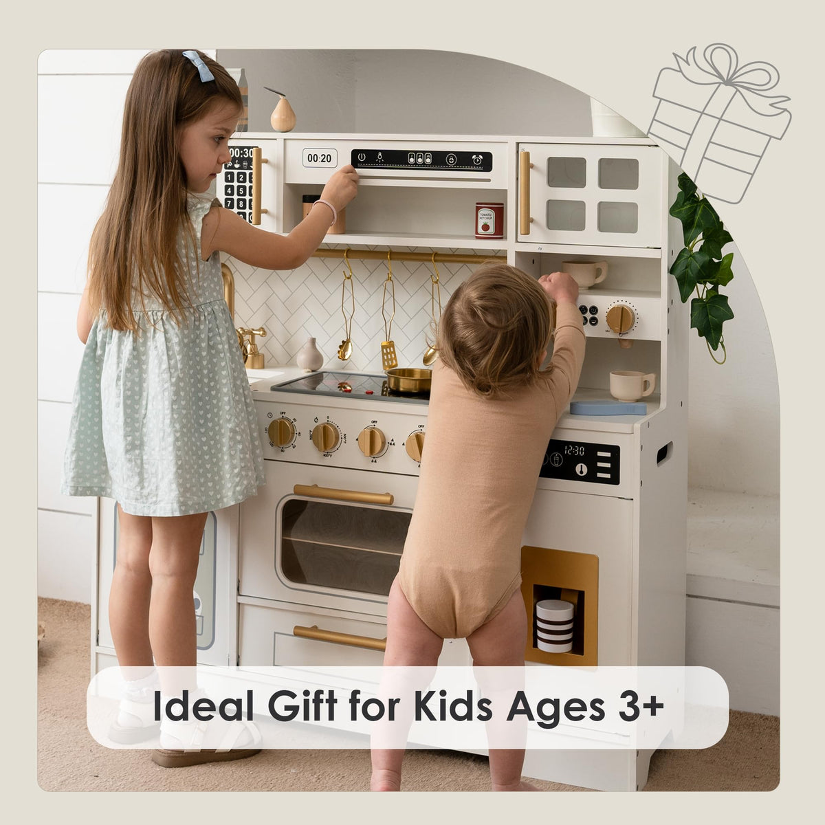 Wooden Play Kitchen for Kids with Real Lights and Sounds for Pretend Play