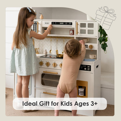 Wooden Play Kitchen for Kids with Real Lights and Sounds for Pretend Play