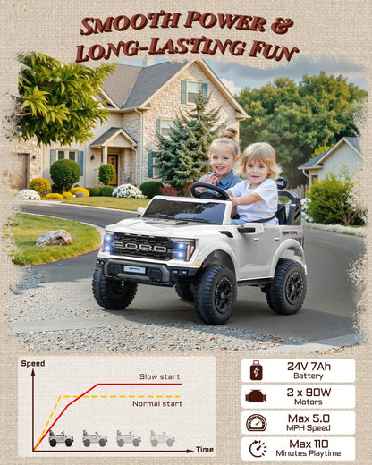 24V Kids Ride On Truck, Licensed Ford F-150 Raptor 2 Seater Electric Car w/Remote Control, Toddler