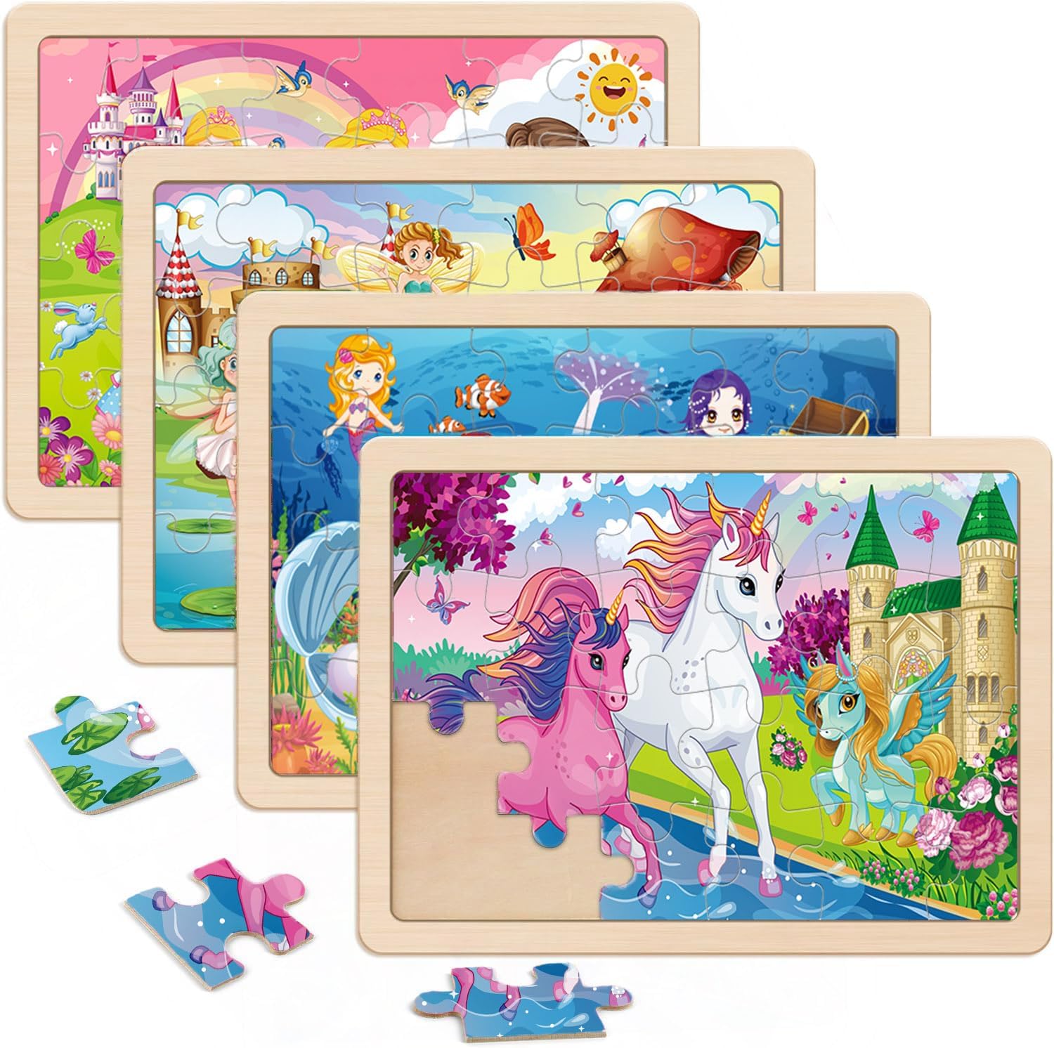 Wooden Puzzles for Kids Ages 4-6, 4 Packs 24 PCs Unicorn Mermaid Princess Fairy Jigsaw Puzzles