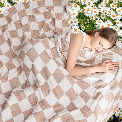 EMME Checkered Cotton Blanket Twin Large 60"x80" 100% Muslin for Couch Breathable Cooling Gauze All