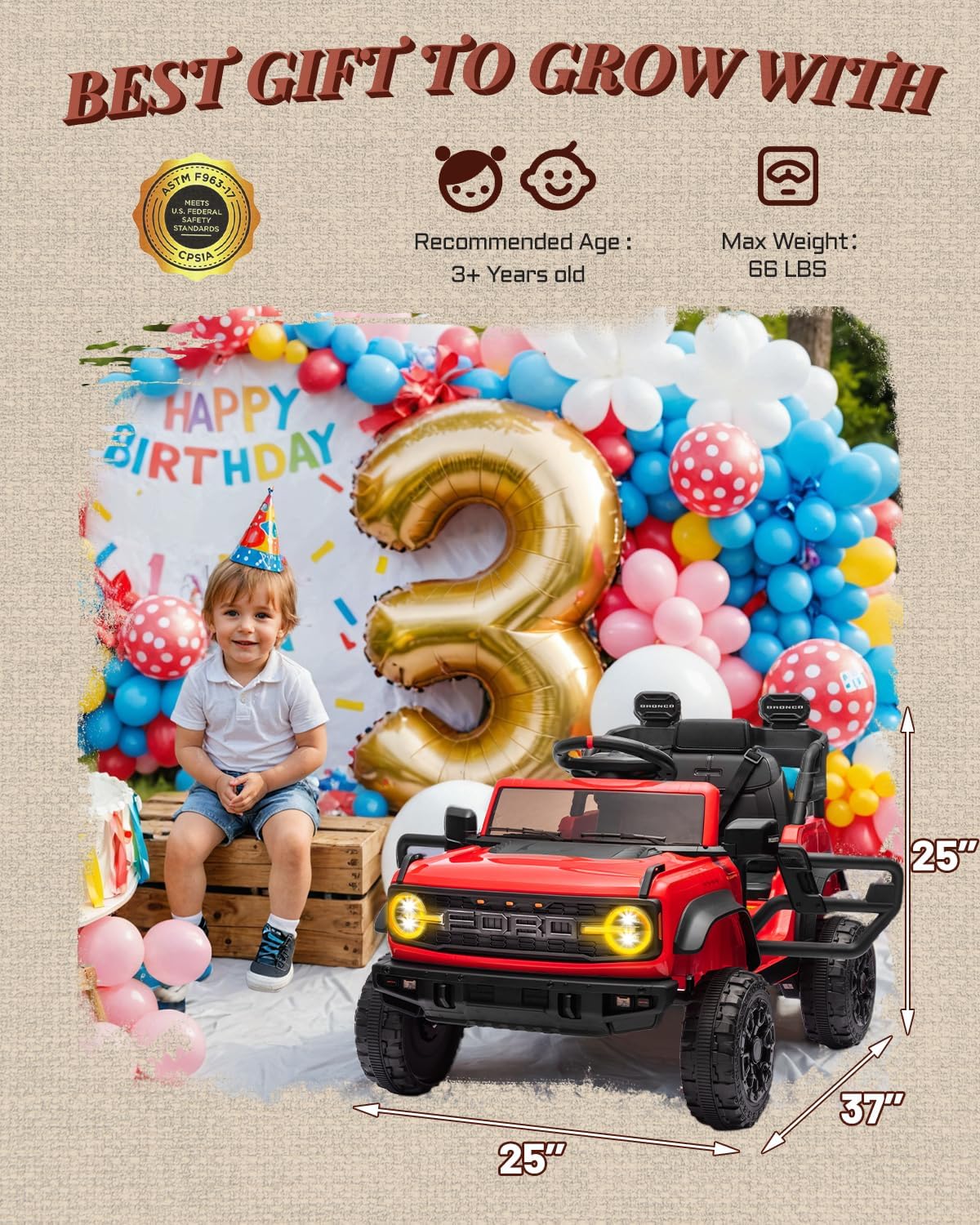 Ford Bronco Raptor Licensed 12V Ride on Toys, Kids Ride on Car with Remote Control, Electric Car