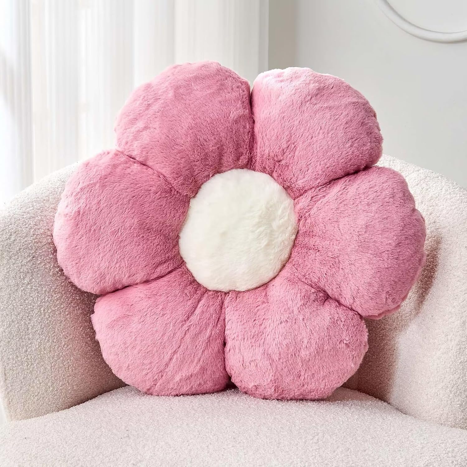 Dusty Rose Flower Shaped Throw Pillow with Faux Rabbit Fur, 14.9" Soft Plush Throw Pillow for