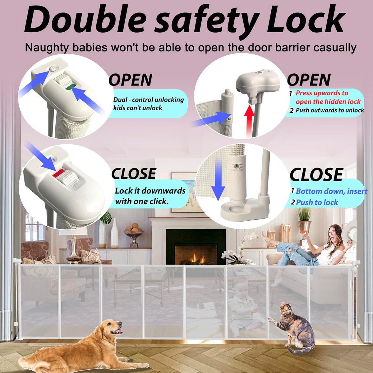 200" Retractable Baby Gates Extra Wide for Large Opening, 41" Extra Tall Retractable Dog Gate Pet