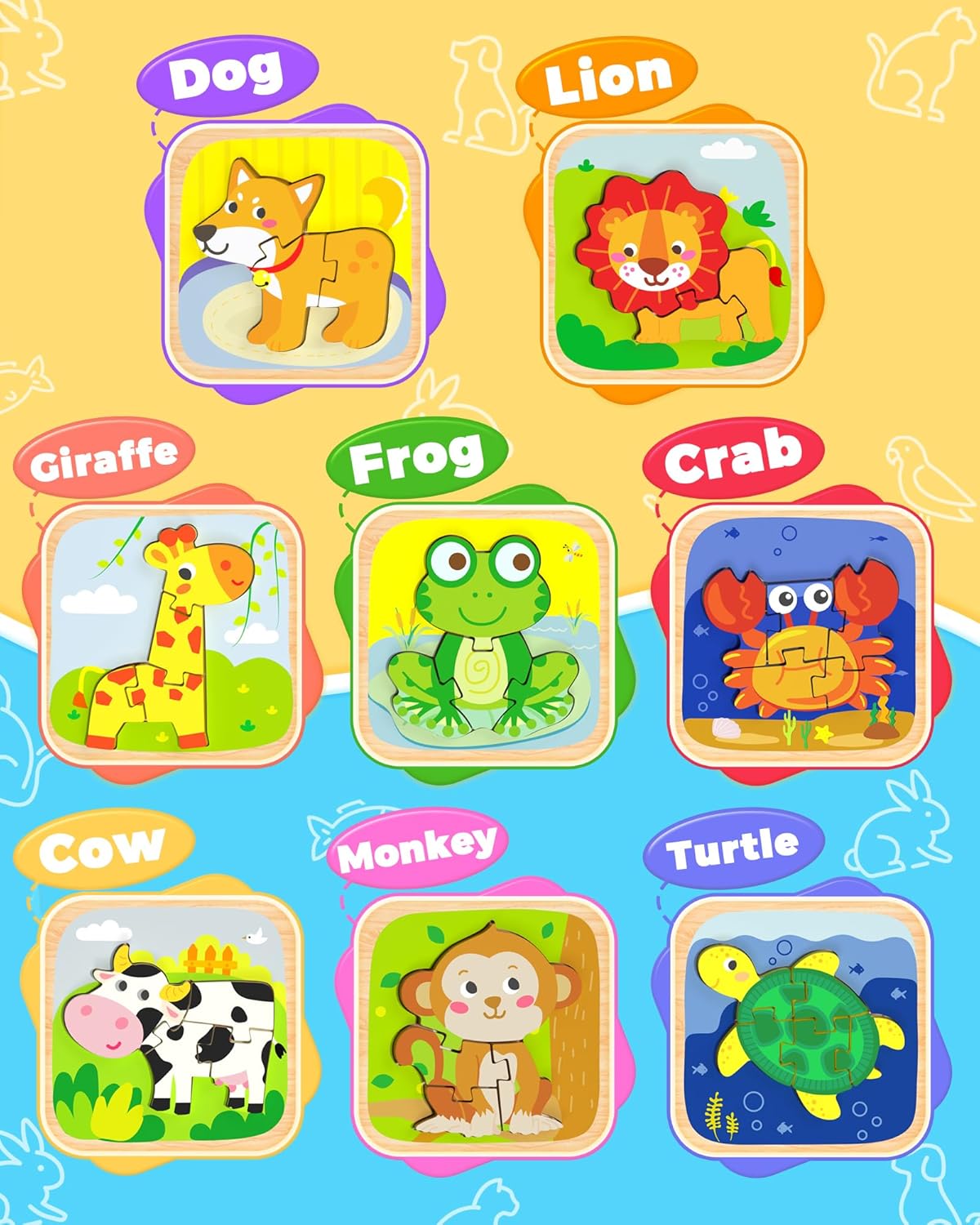 Benresive Wooden Toddler Puzzles, 8pcs Animal Montessori Toys for 1-3 Year Old Boys & Girls
