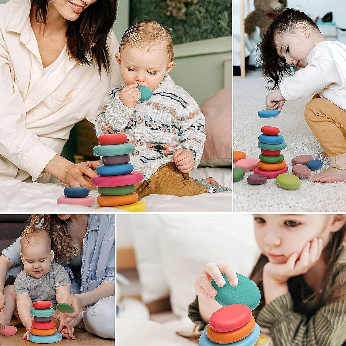 OESSUF 16pcs Extra-Large Wooden Sorting Stacking Rocks - Safe Montessori Toys for 1-3 Year Old