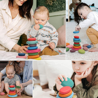 OESSUF 16pcs Extra-Large Wooden Sorting Stacking Rocks - Safe Montessori Toys for 1-3 Year Old