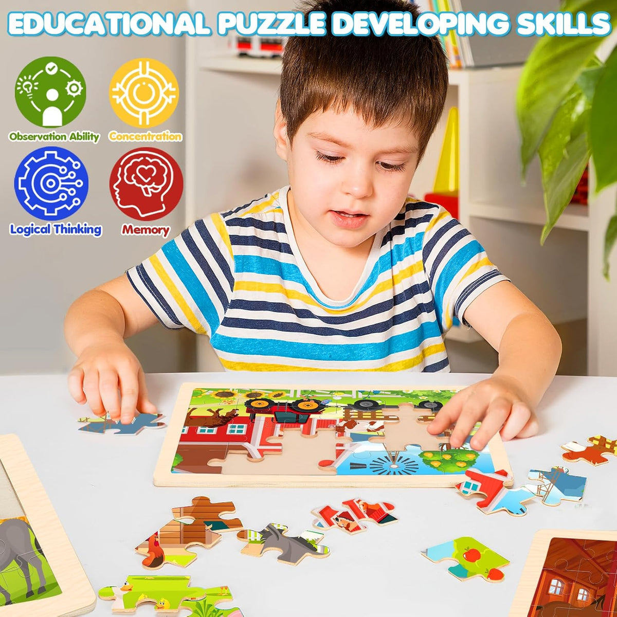 4-in-1 Farm Wooden Puzzles for Kids Ages 4-6, 24 PCS Wooden Jigsaw Puzzles for Toddlers Ages 2-4