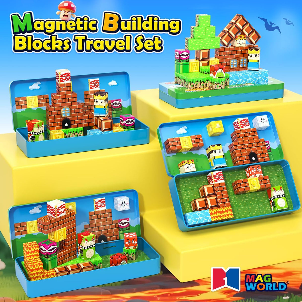 Magnetic Blocks Travel Toys with Portable Metal Tin - STEM Magnet Building Blocks Toddler Kids Toys