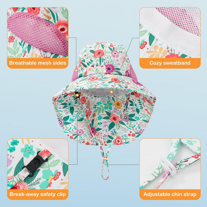Baby Sun Hat UPF 50+ Mesh Liner Toddler Bucket Hats with Wide Brim Neck Flap for Outdoor Beach Swim